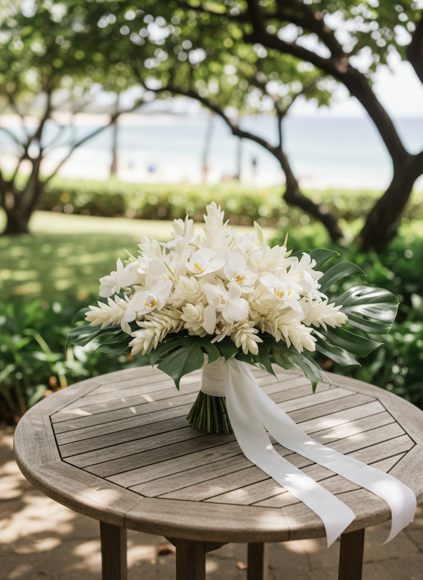 Tropical white ginger and orchid bridal bouquet