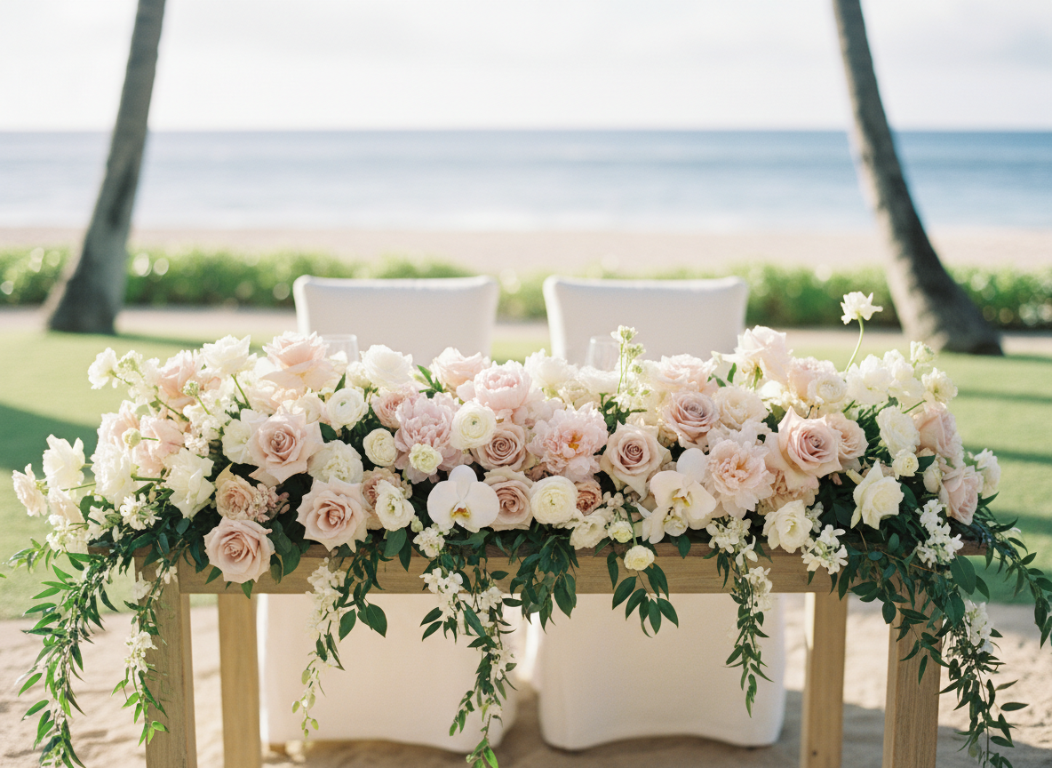 Sweetheart table with a flower runner